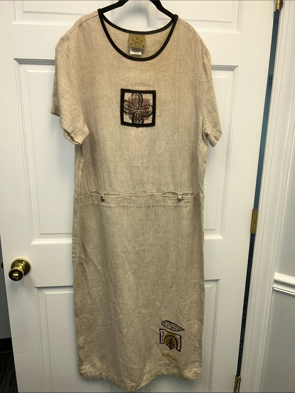 Vintage Blue Cactus Linen Lagenlook Beige Casual Dress Sz L Hand-painted Design